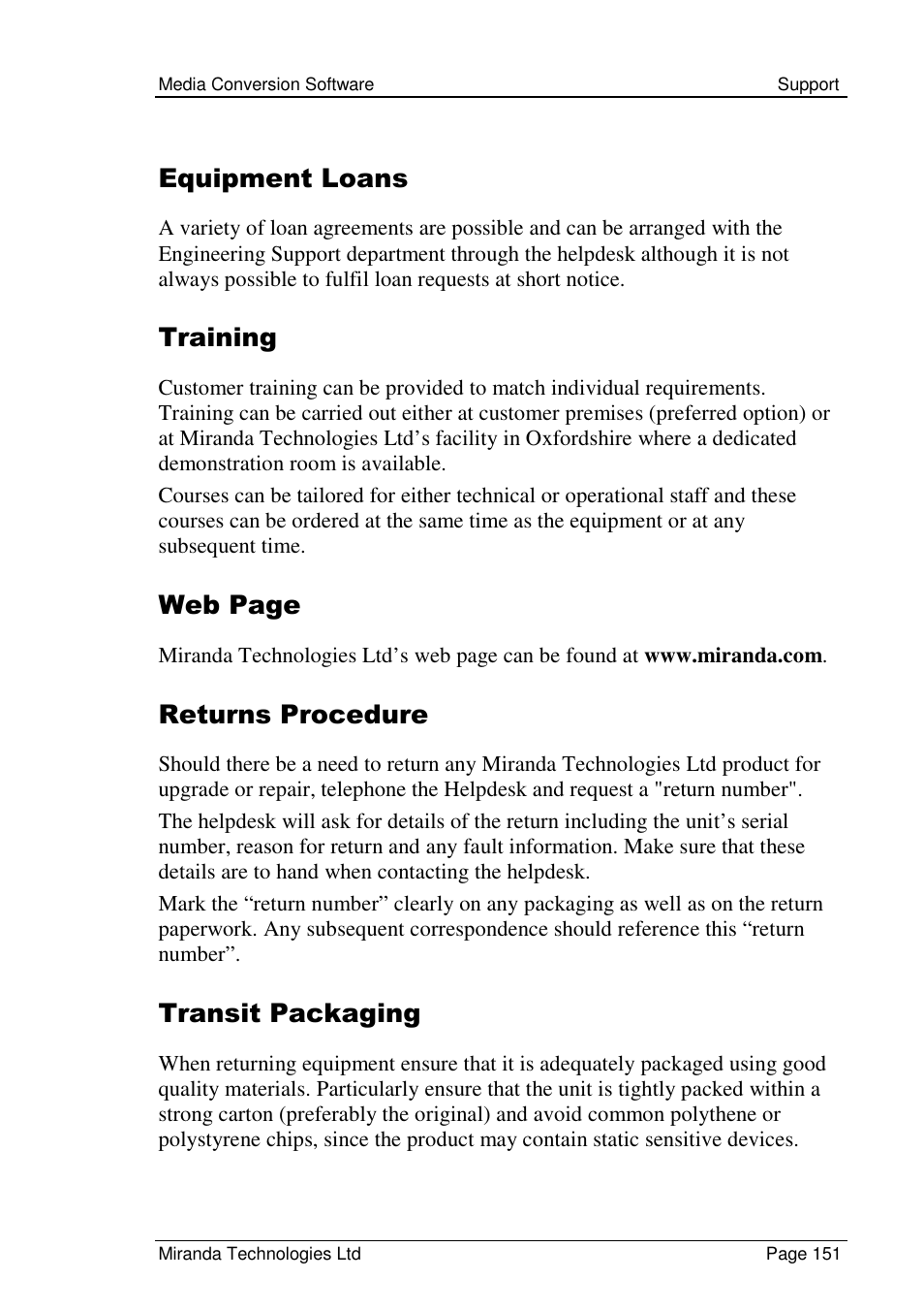 Equipment loans, Training, Web page | Returns procedure, Transit packaging | Grass Valley Media Conversion User Manual | Page 151 / 154