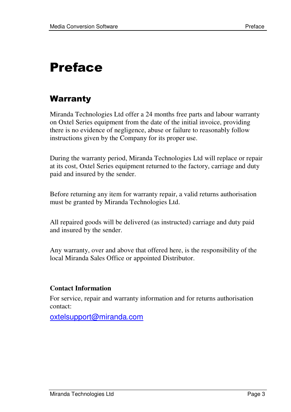 Preface, Warranty | Grass Valley Media Conversion User Manual | Page 3 / 154
