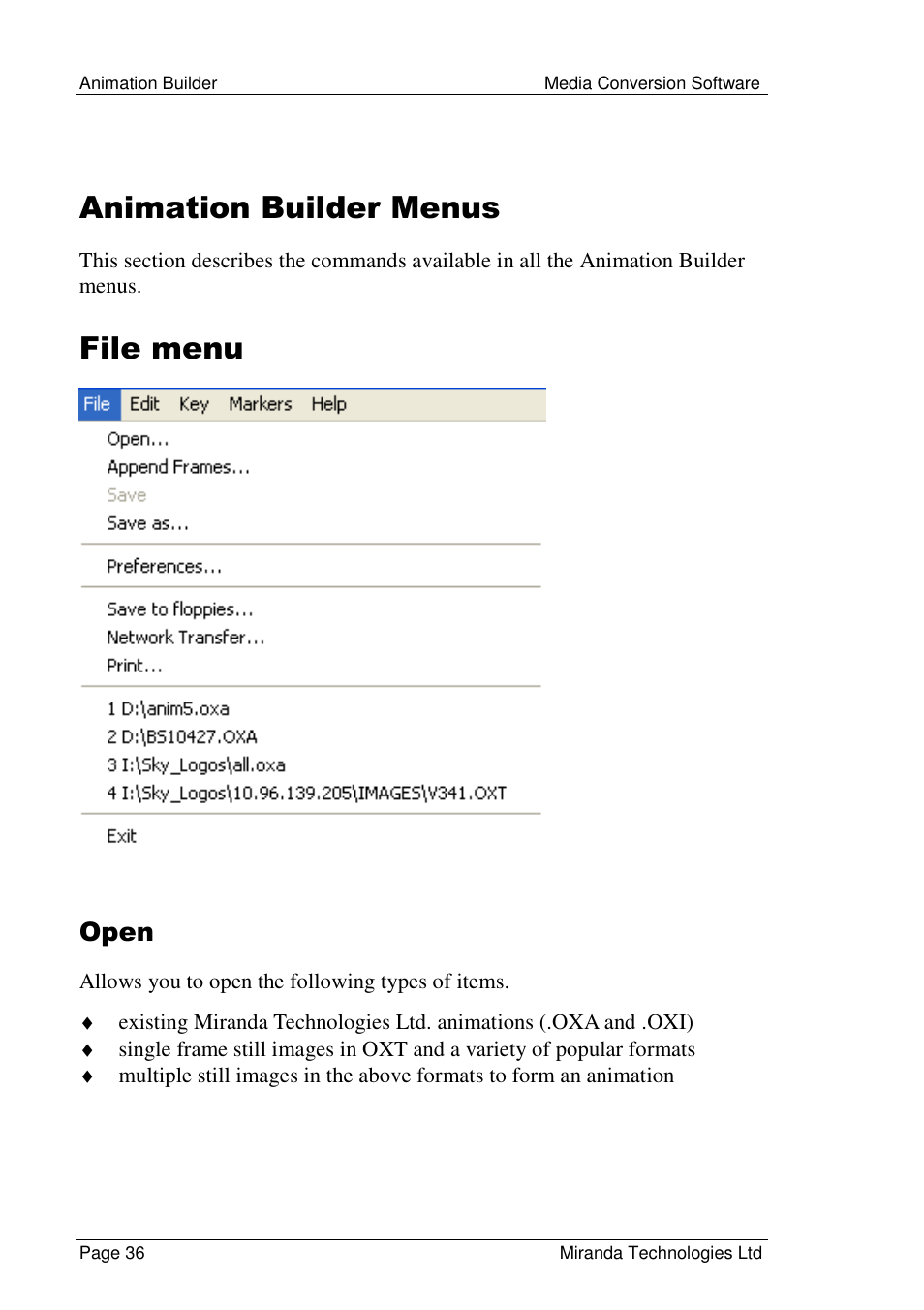 Animation builder menus, File menu, Open | Grass Valley Media Conversion User Manual | Page 36 / 154