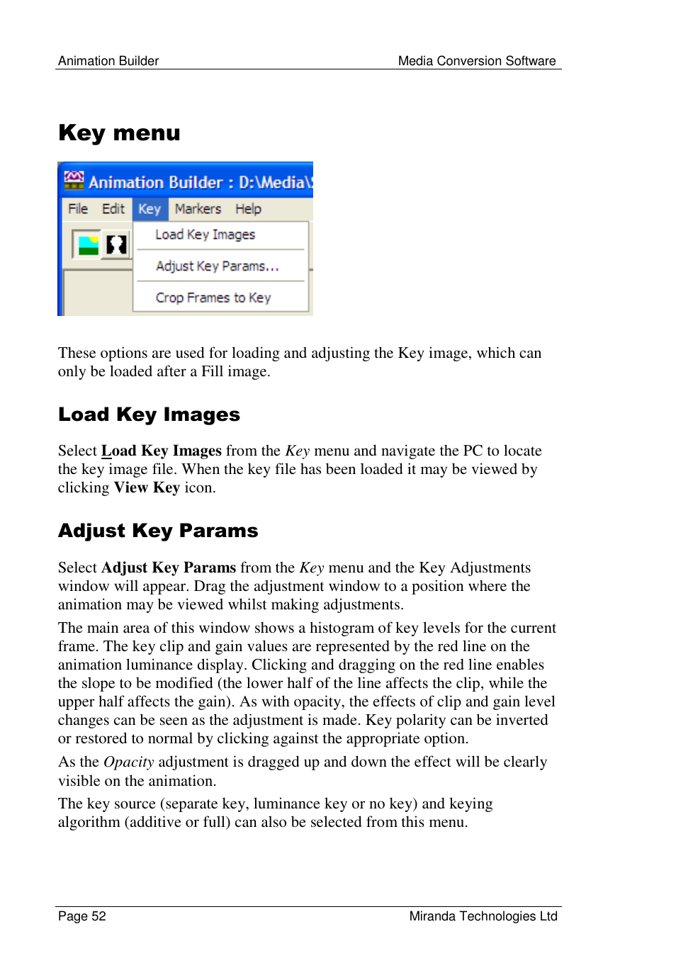 Key menu, Load key images, Adjust key params | Grass Valley Media Conversion User Manual | Page 52 / 154