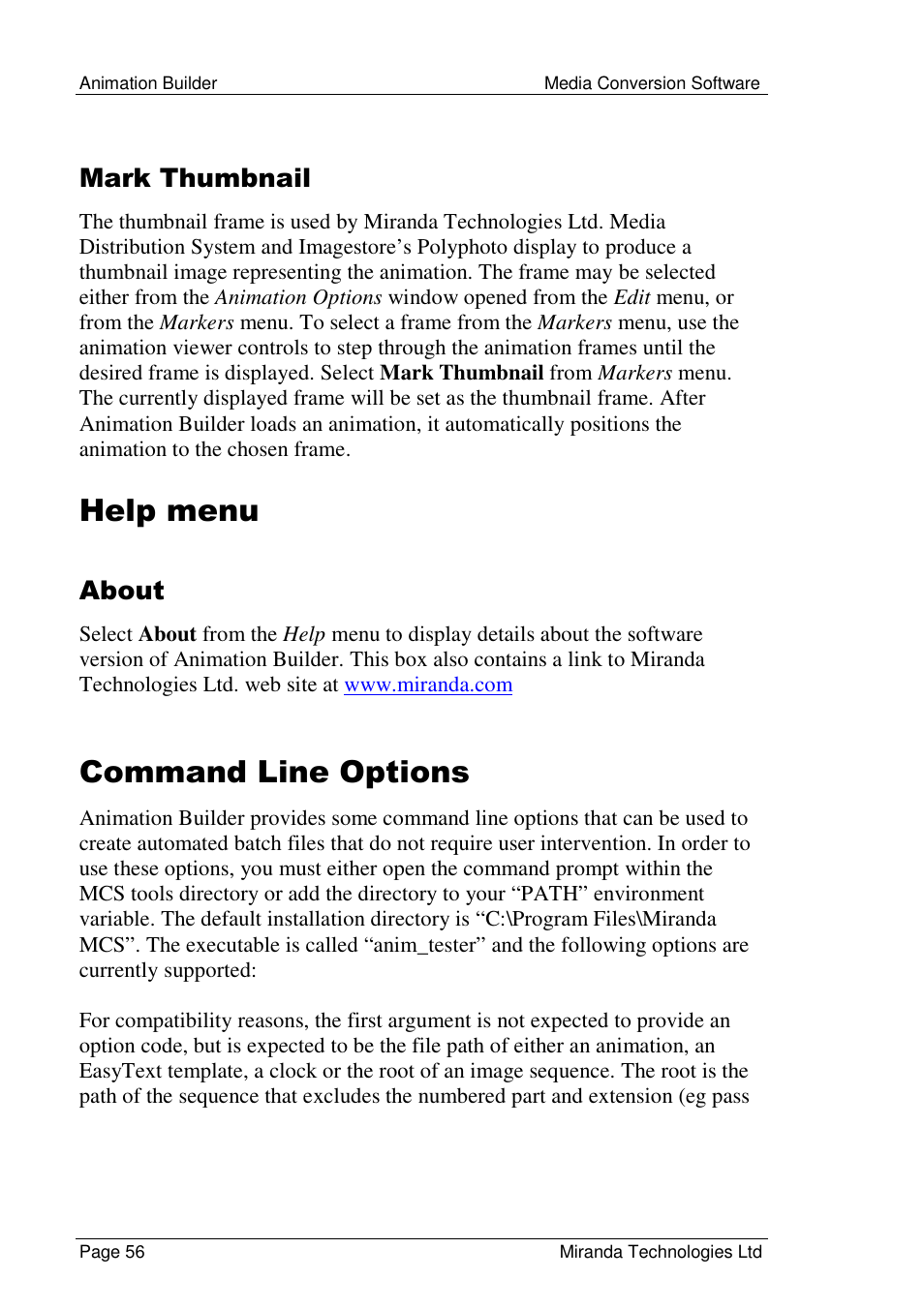 Help menu, Command line options, Mark thumbnail | About | Grass Valley Media Conversion User Manual | Page 56 / 154