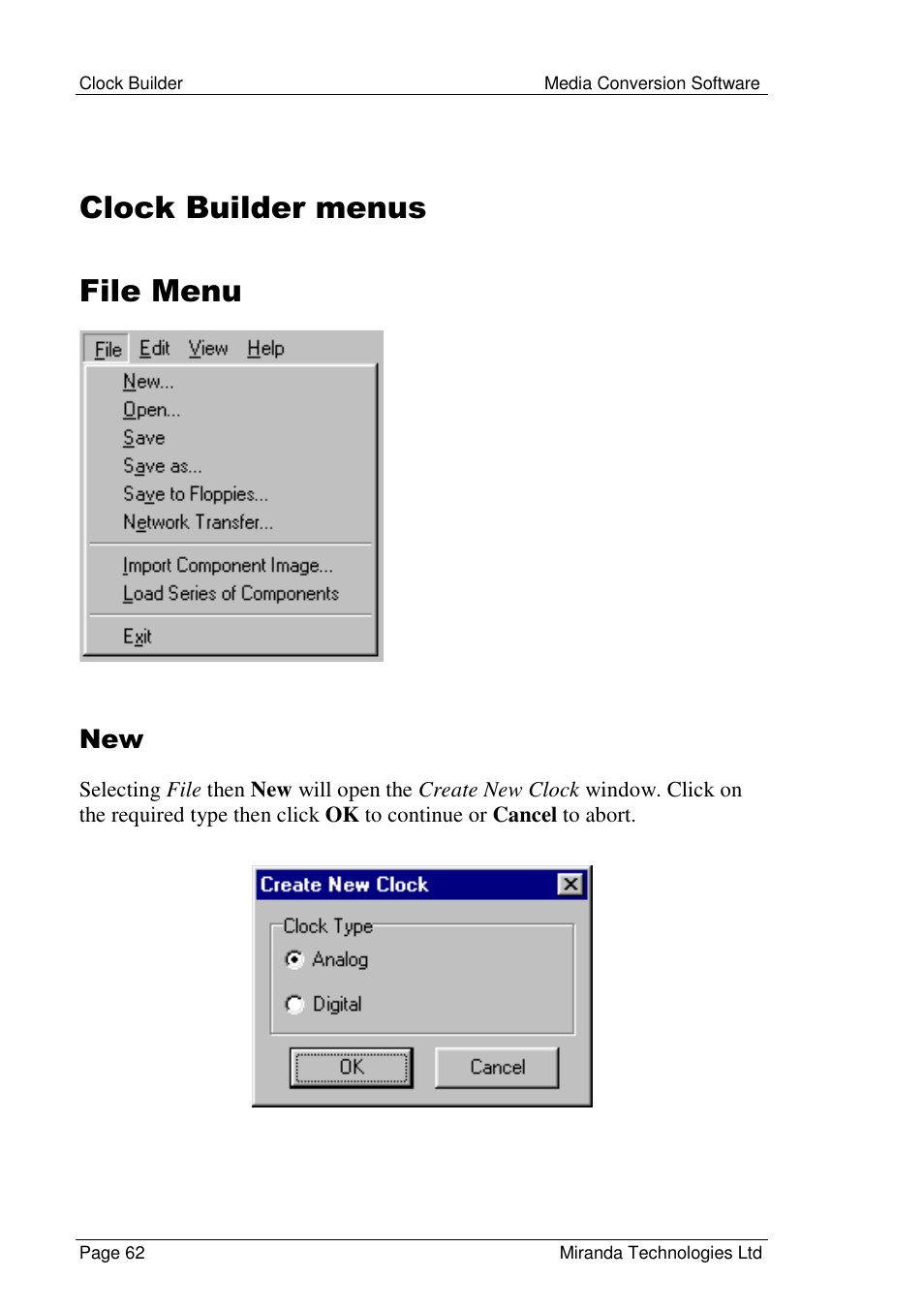 Clock builder menus file menu | Grass Valley Media Conversion User Manual | Page 62 / 154