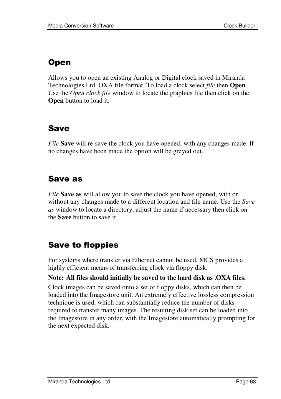 Open, Save, Save as | Save to floppies | Grass Valley Media Conversion User Manual | Page 63 / 154