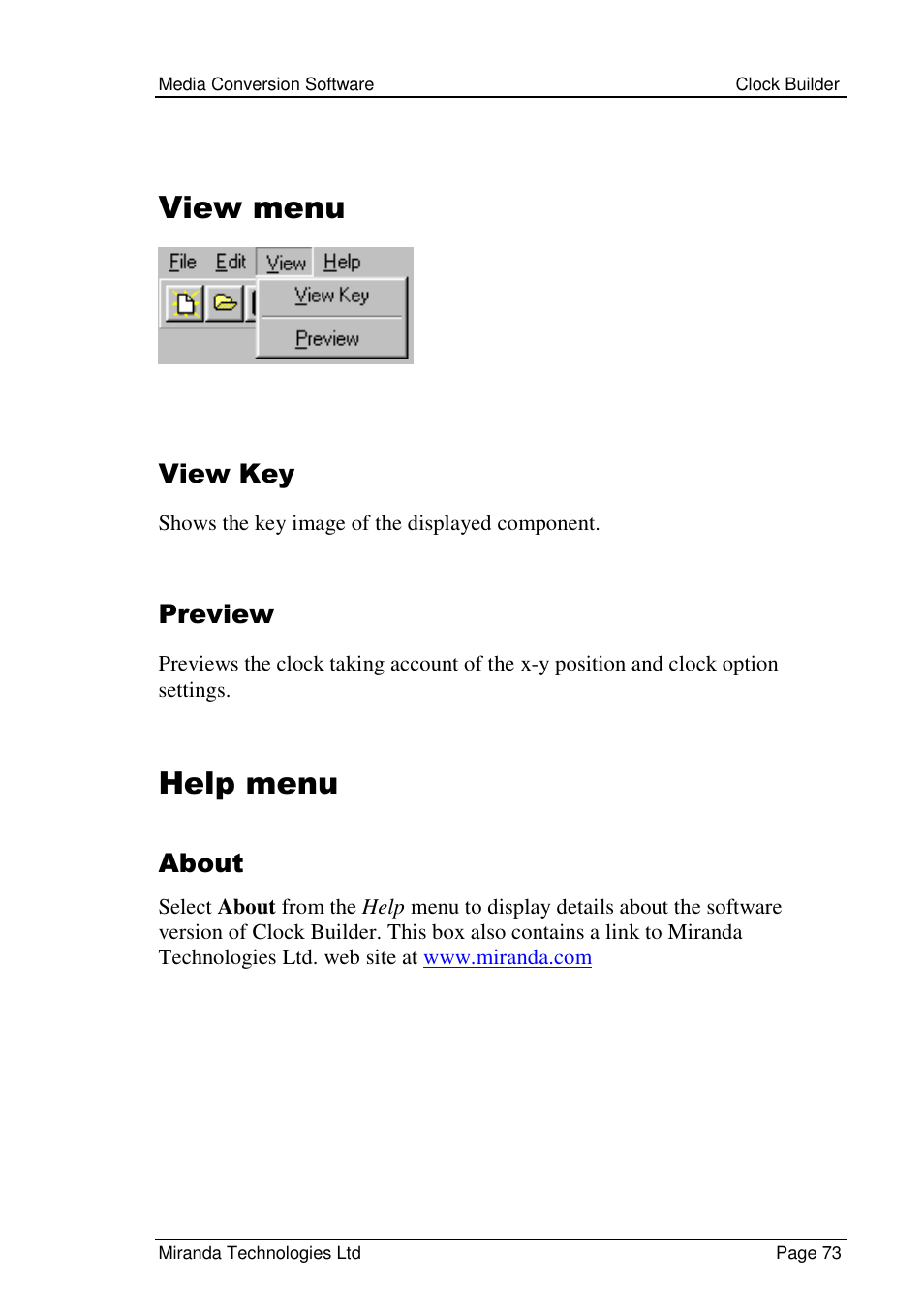 View menu, Help menu, View key | Preview, About | Grass Valley Media Conversion User Manual | Page 73 / 154