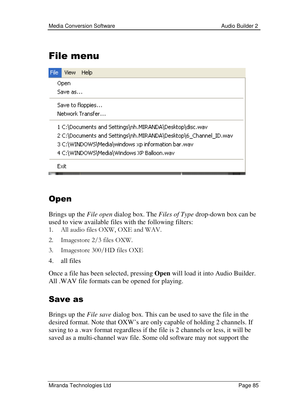 File menu, Open, Save as | Grass Valley Media Conversion User Manual | Page 85 / 154