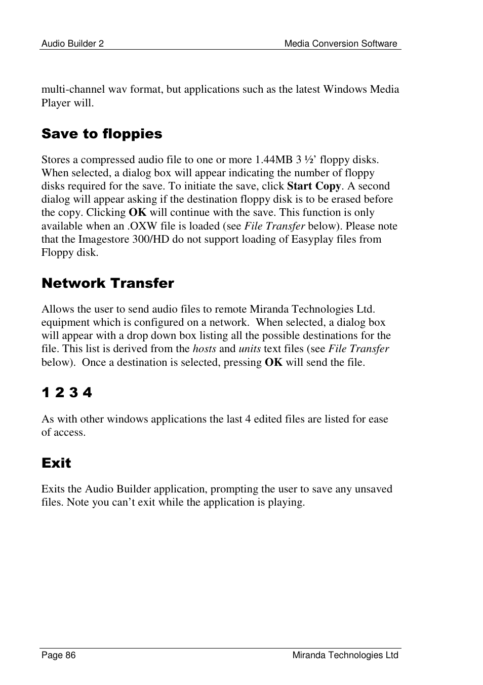 Save to floppies, Network transfer, Exit | Grass Valley Media Conversion User Manual | Page 86 / 154