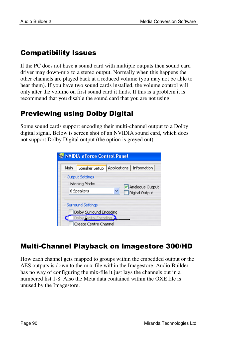 Compatibility issues, Previewing using dolby digital, Multi-channel playback on imagestore 300/hd | Grass Valley Media Conversion User Manual | Page 90 / 154