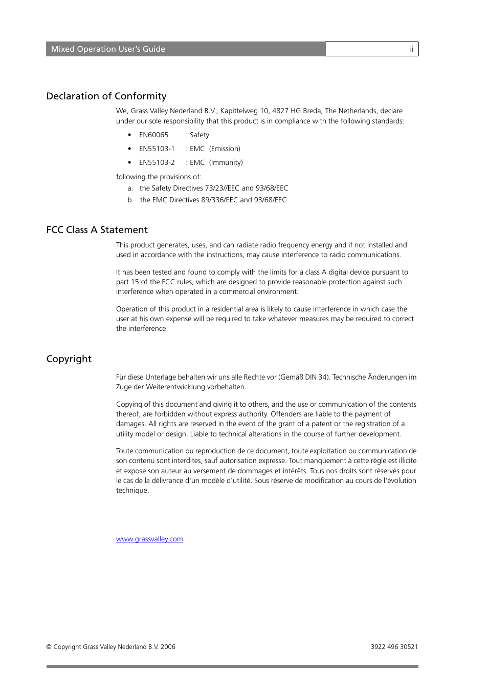 Declaration of conformity, Fcc class a statement, Copyright | Grass Valley MOBox Mixed-Operation Systems User Manual | Page 2 / 24