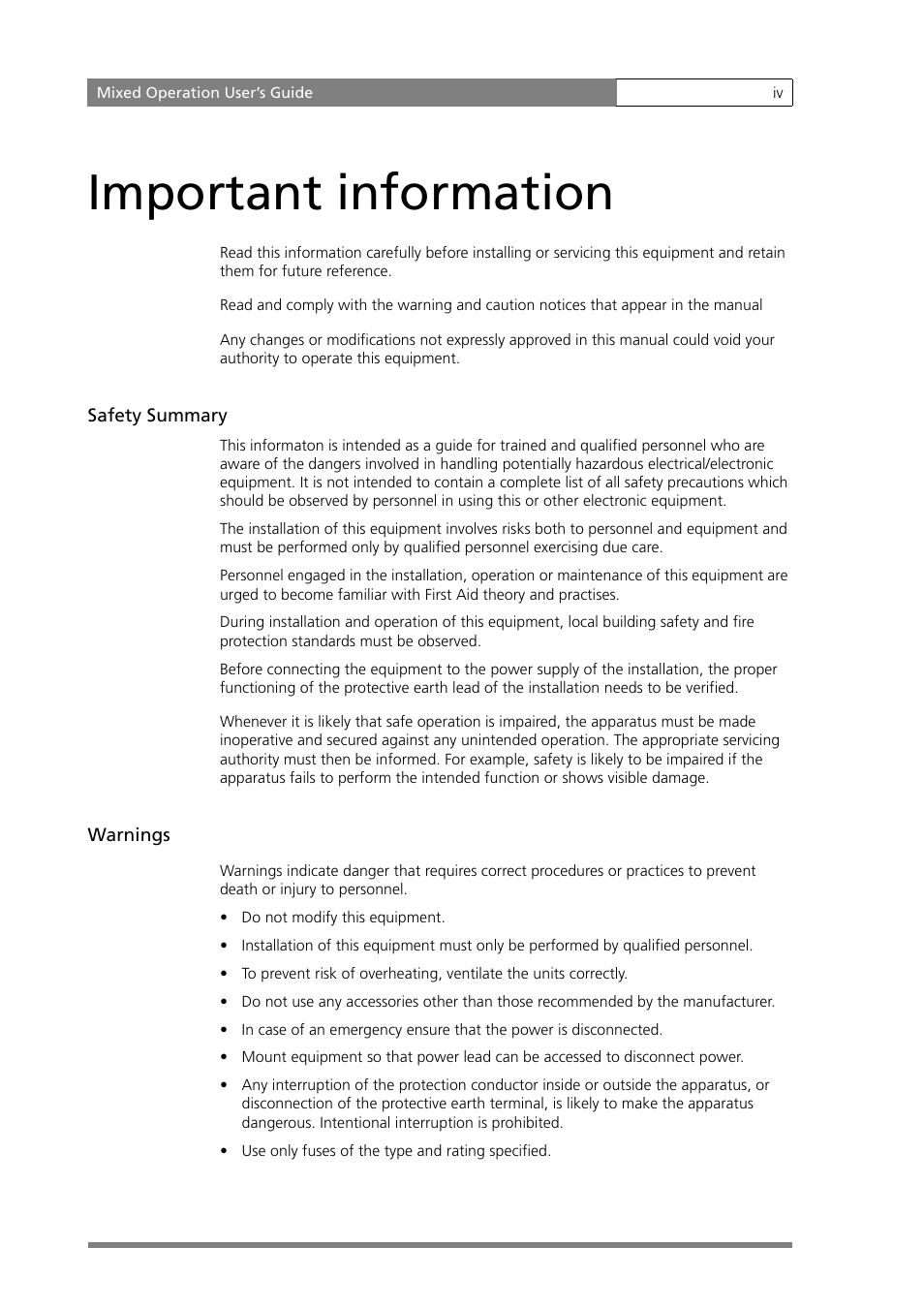 Important information | Grass Valley MOBox Mixed-Operation Systems User Manual | Page 4 / 24