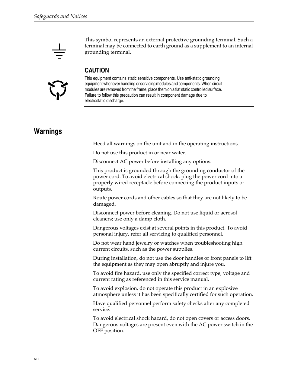Warnings, Caution, Safeguards and notices | Grass Valley 1200 Installation User Manual | Page 12 / 156