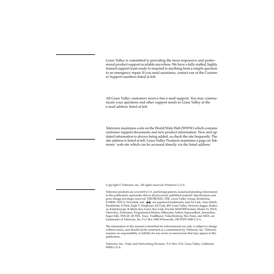 Grass valley products customer service information, Telephone support, E-mail support | Tektronix on the world wide web | Grass Valley 2200 User Manual | Page 2 / 120