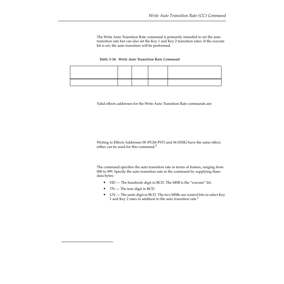 Write auto transition rate (cc) command, Effects addresses, Transition rate | Write auto transition rate (cc) command -27, Effects addresses -27 transition rate -27, Timing and latency -3 | Grass Valley 2200 User Manual | Page 51 / 120