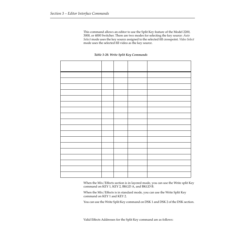 Write split key (e4) command, Effects addresses, Write split key (e4) command -38 | Effects addresses -38 | Grass Valley 2200 User Manual | Page 62 / 120