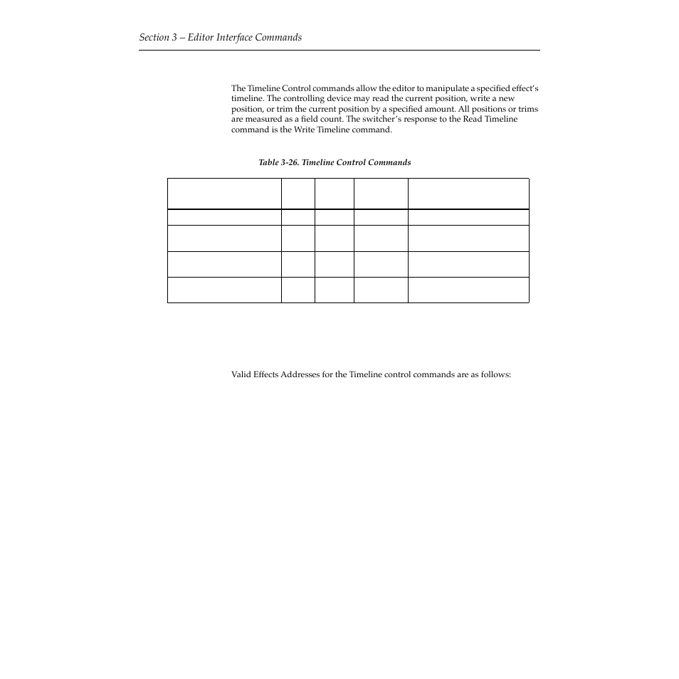 Timeline control (4e, 4f, ce, and cf) commands, Effects addresses, Timeline control (4e, 4f, ce, and cf) commands -52 | Effects addresses -52 | Grass Valley 2200 User Manual | Page 76 / 120