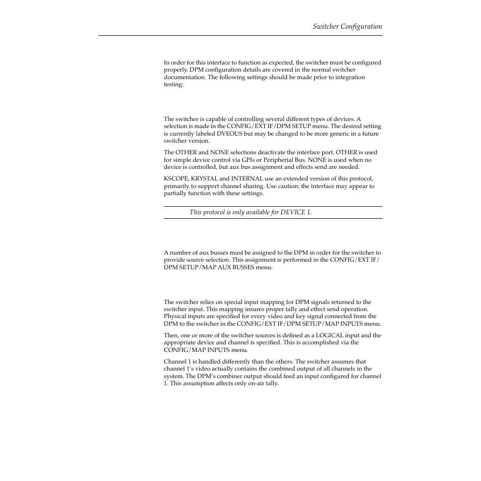 Switcher configuration, Dpm type, Aux bus assignment | Input mapping, Switcher configuration -3, Dpm type -3 aux bus assignment -3 input mapping -3 | Grass Valley 2200 User Manual | Page 93 / 120