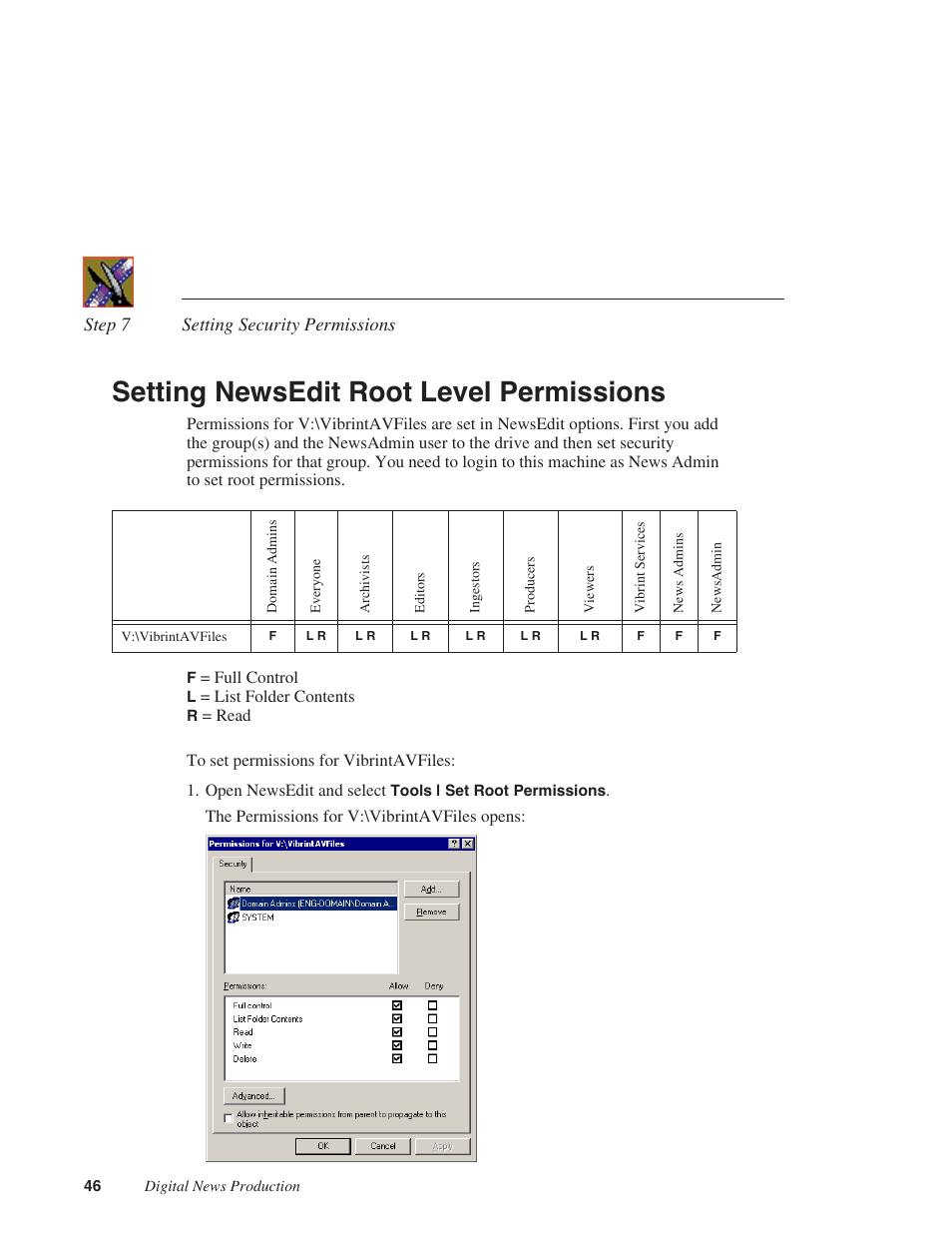 Setting newsedit root level permissions | Grass Valley NAS Security Instruction Guide v.5.1A User Manual | Page 48 / 58