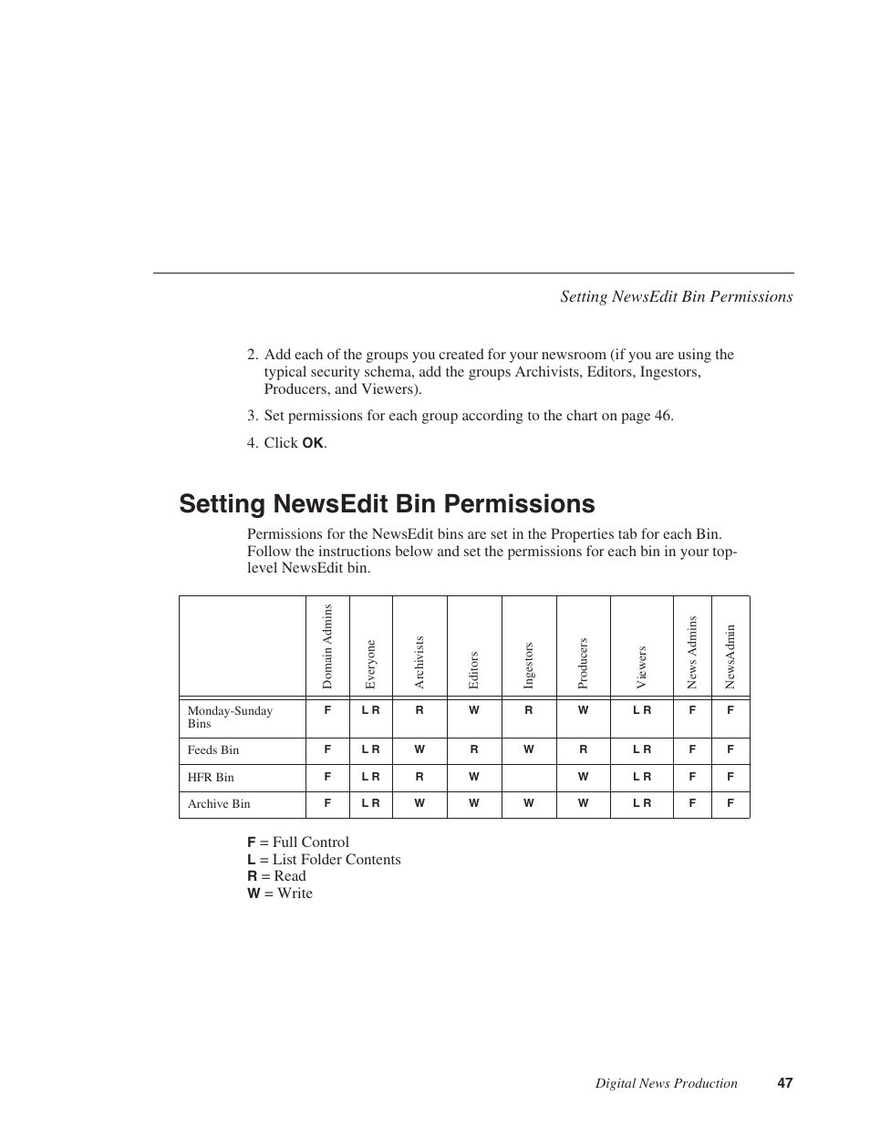Setting newsedit bin permissions | Grass Valley NAS Security Instruction Guide v.5.1A User Manual | Page 49 / 58