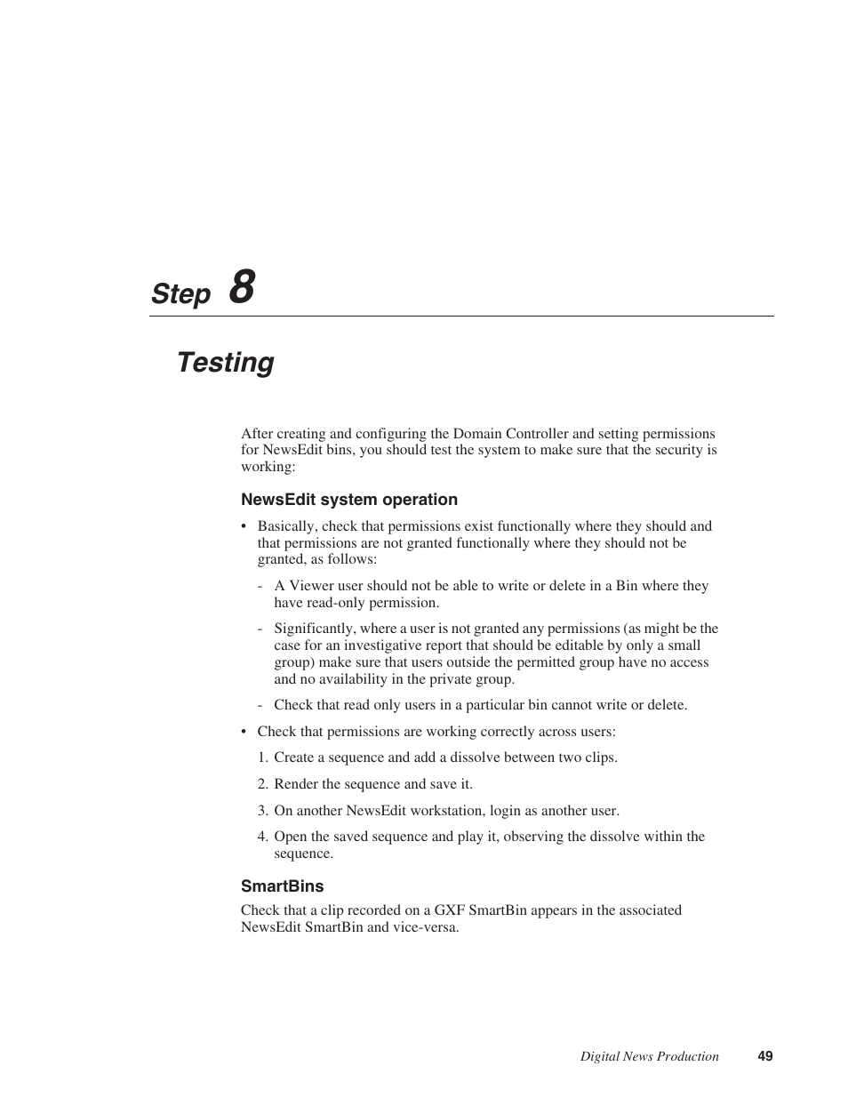 Step8: testing, Newsedit system operation, Smartbins | Step 8, Testing, Newsedit system operation smartbins, Step | Grass Valley NAS Security Instruction Guide v.5.1A User Manual | Page 51 / 58