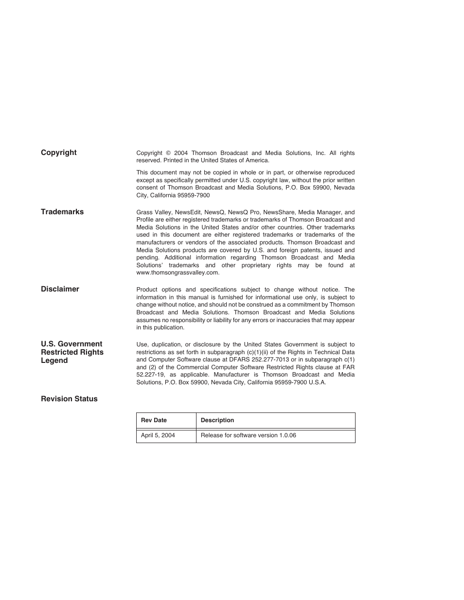Grass Valley Network Attached Storage System Serial ATA Network User Guide v.1.0.06 User Manual | Page 3 / 123