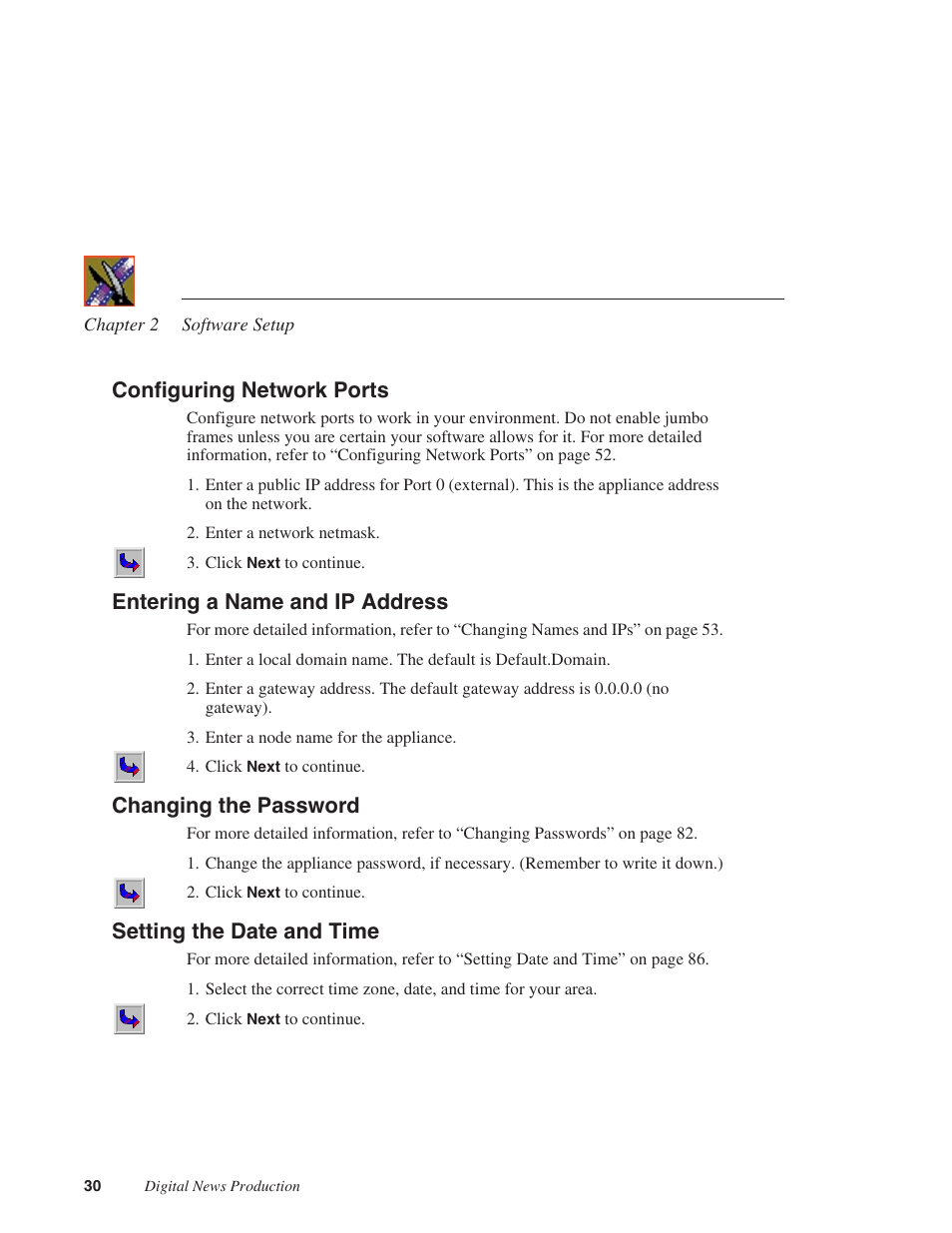 Configuring network ports, Entering a name and ip address, Changing the password | Setting the date and time | Grass Valley Network Attached Storage System Serial ATA Network User Guide v.1.0.06 User Manual | Page 31 / 123
