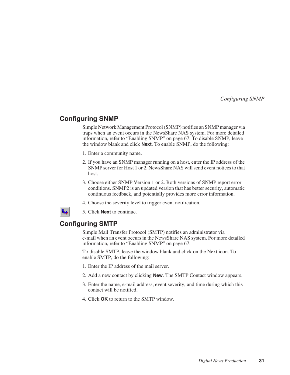 Configuring snmp, Configuring smtp, Configuring snmp configuring smtp | Grass Valley Network Attached Storage System Serial ATA Network User Guide v.1.0.06 User Manual | Page 32 / 123