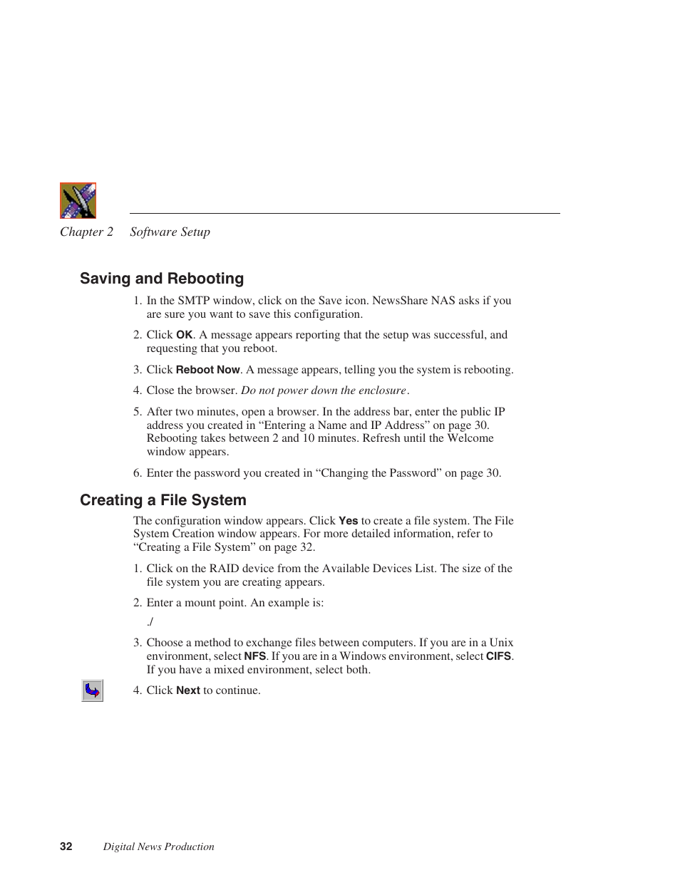 Saving and rebooting, Creating a file system, Saving and rebooting creating a file system | Grass Valley Network Attached Storage System Serial ATA Network User Guide v.1.0.06 User Manual | Page 33 / 123