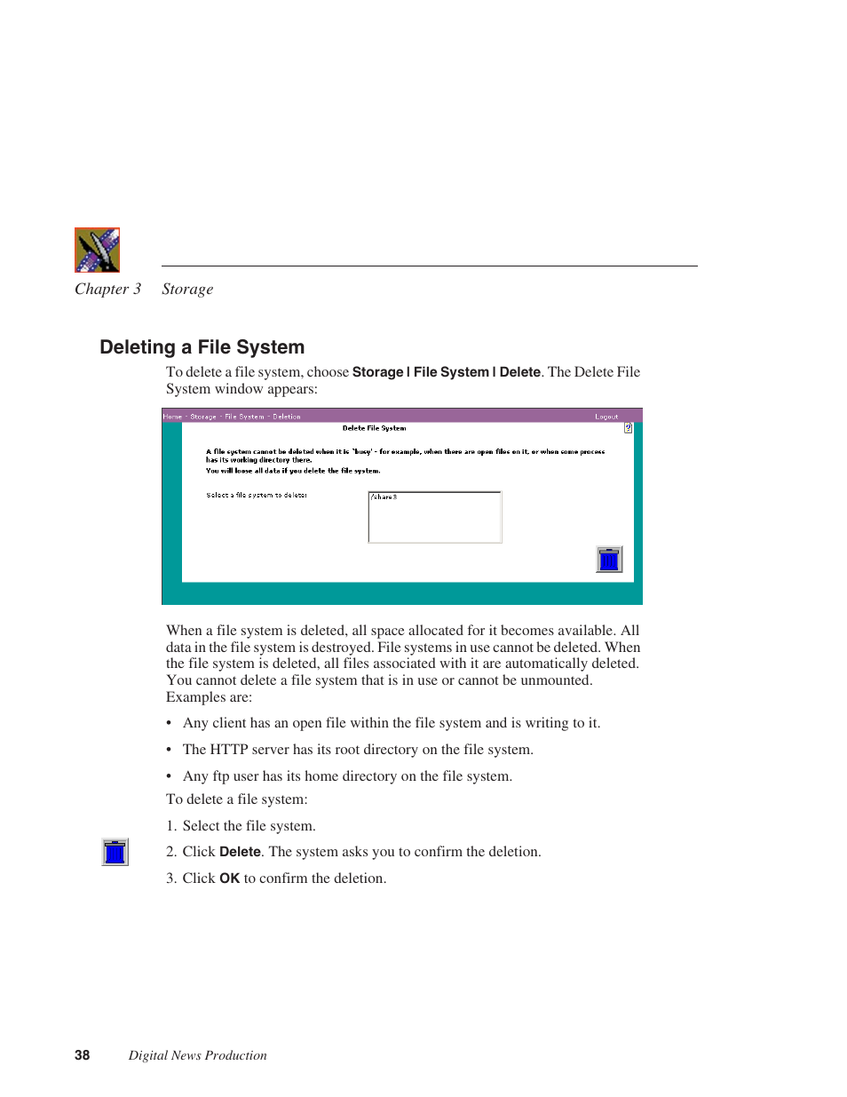 Deleting a file system | Grass Valley Network Attached Storage System Serial ATA Network User Guide v.1.0.06 User Manual | Page 39 / 123