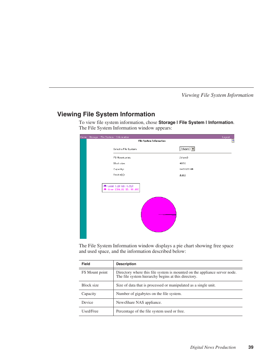 Viewing file system information | Grass Valley Network Attached Storage System Serial ATA Network User Guide v.1.0.06 User Manual | Page 40 / 123