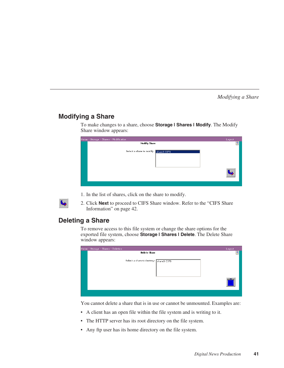 Modifying a share, Deleting a share, Modifying a share deleting a share | Grass Valley Network Attached Storage System Serial ATA Network User Guide v.1.0.06 User Manual | Page 42 / 123