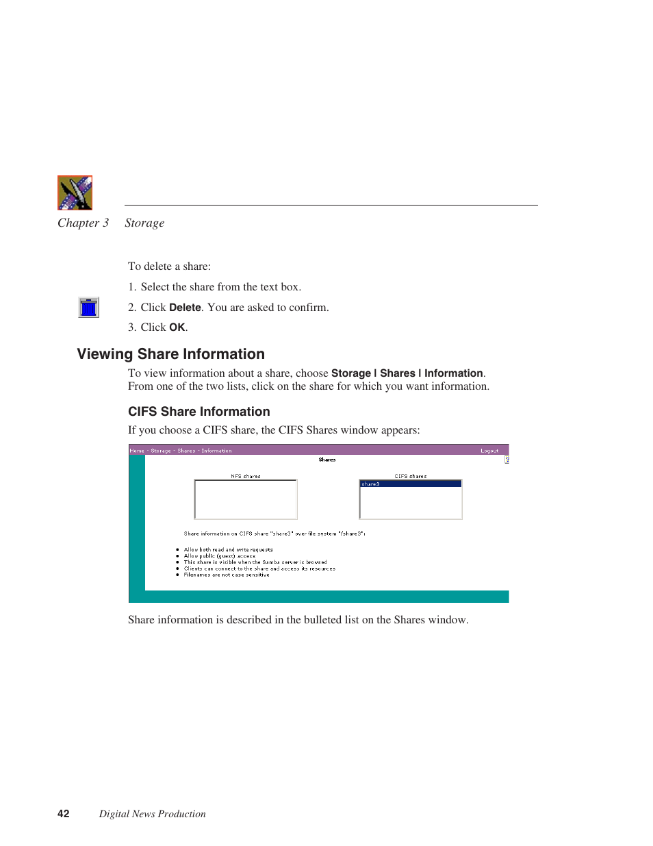Viewing share information, Cifs share information | Grass Valley Network Attached Storage System Serial ATA Network User Guide v.1.0.06 User Manual | Page 43 / 123