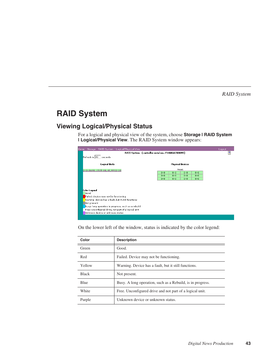 Raid system, Viewing logical/physical status | Grass Valley Network Attached Storage System Serial ATA Network User Guide v.1.0.06 User Manual | Page 44 / 123