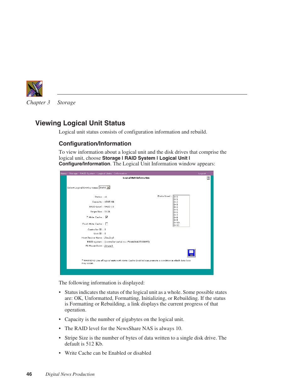 Viewing logical unit status, Configuration/information | Grass Valley Network Attached Storage System Serial ATA Network User Guide v.1.0.06 User Manual | Page 47 / 123