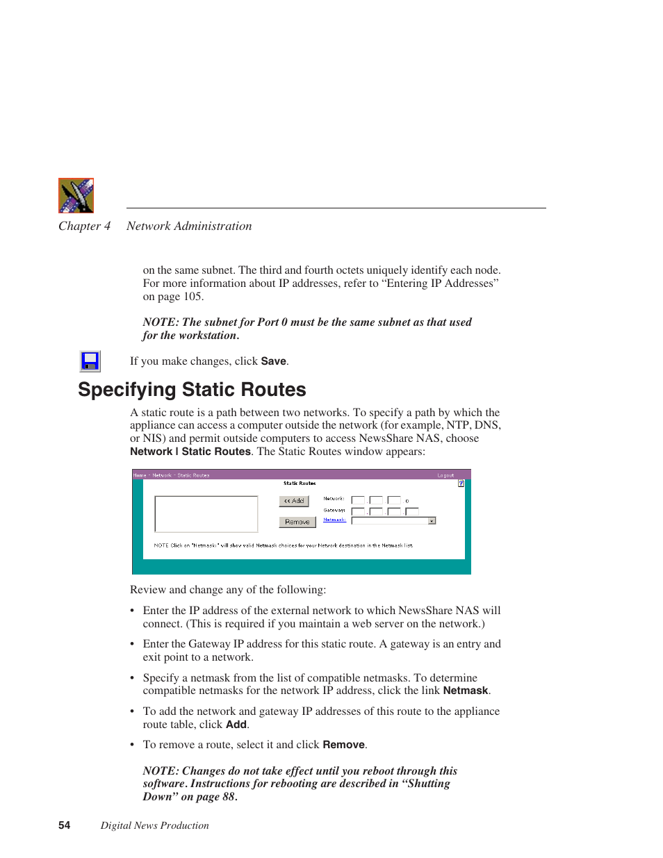 Specifying static routes | Grass Valley Network Attached Storage System Serial ATA Network User Guide v.1.0.06 User Manual | Page 55 / 123