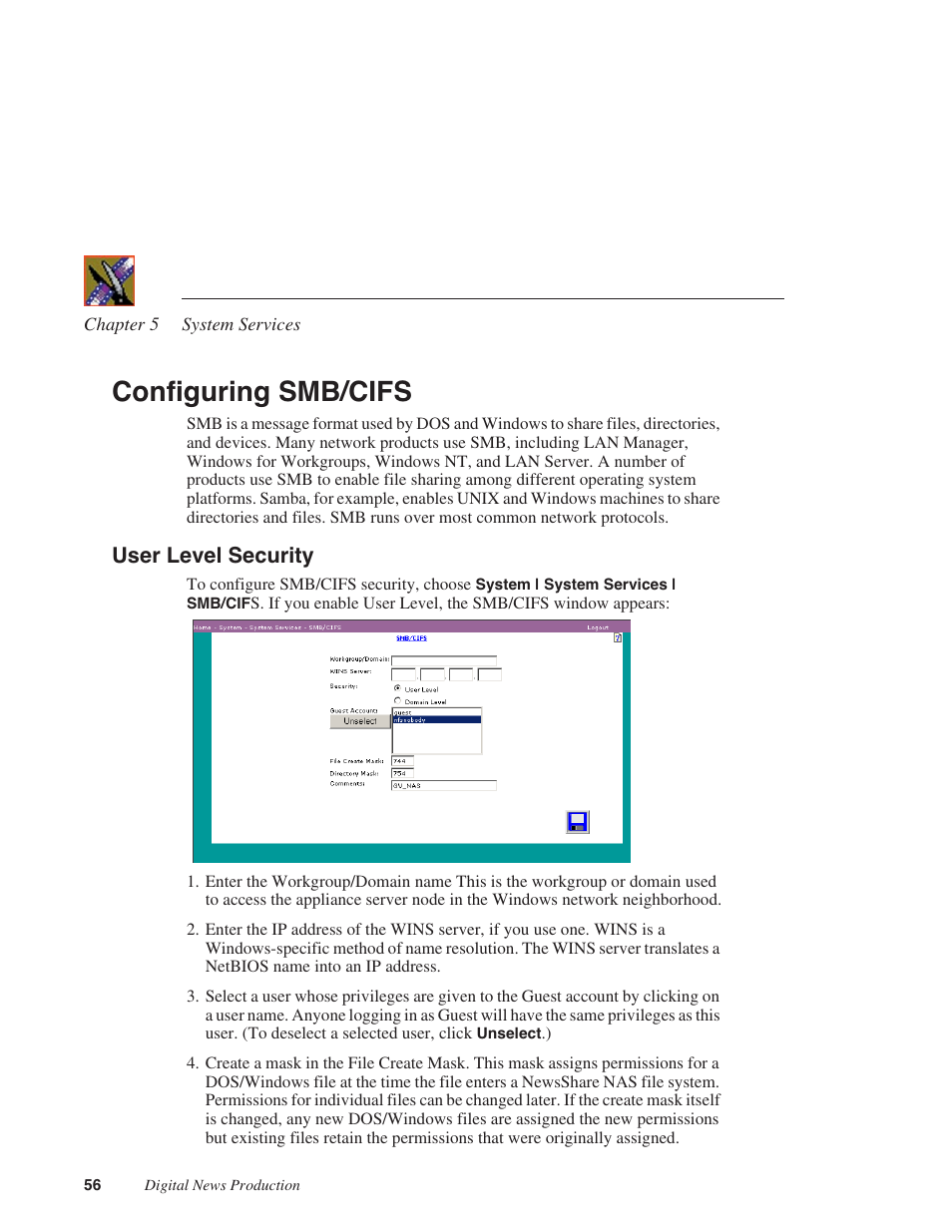 Configuring smb/cifs, User level security | Grass Valley Network Attached Storage System Serial ATA Network User Guide v.1.0.06 User Manual | Page 57 / 123