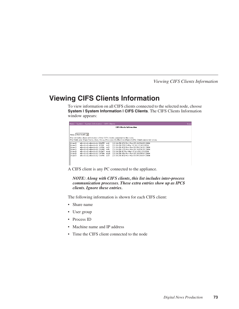Viewing cifs clients information | Grass Valley Network Attached Storage System Serial ATA Network User Guide v.1.0.06 User Manual | Page 74 / 123