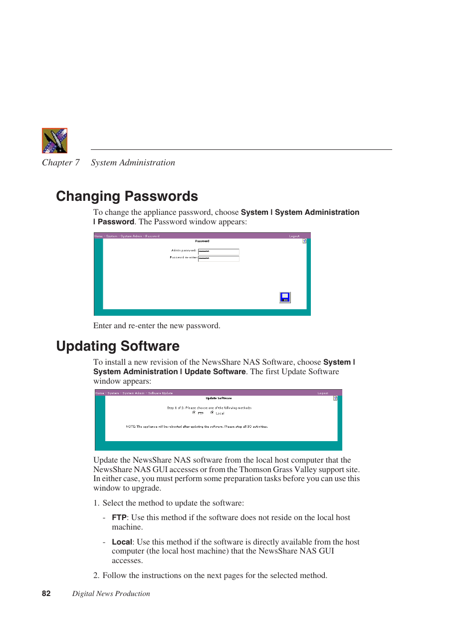 Changing passwords, Updating software, Changing passwords updating software | Grass Valley Network Attached Storage System Serial ATA Network User Guide v.1.0.06 User Manual | Page 83 / 123