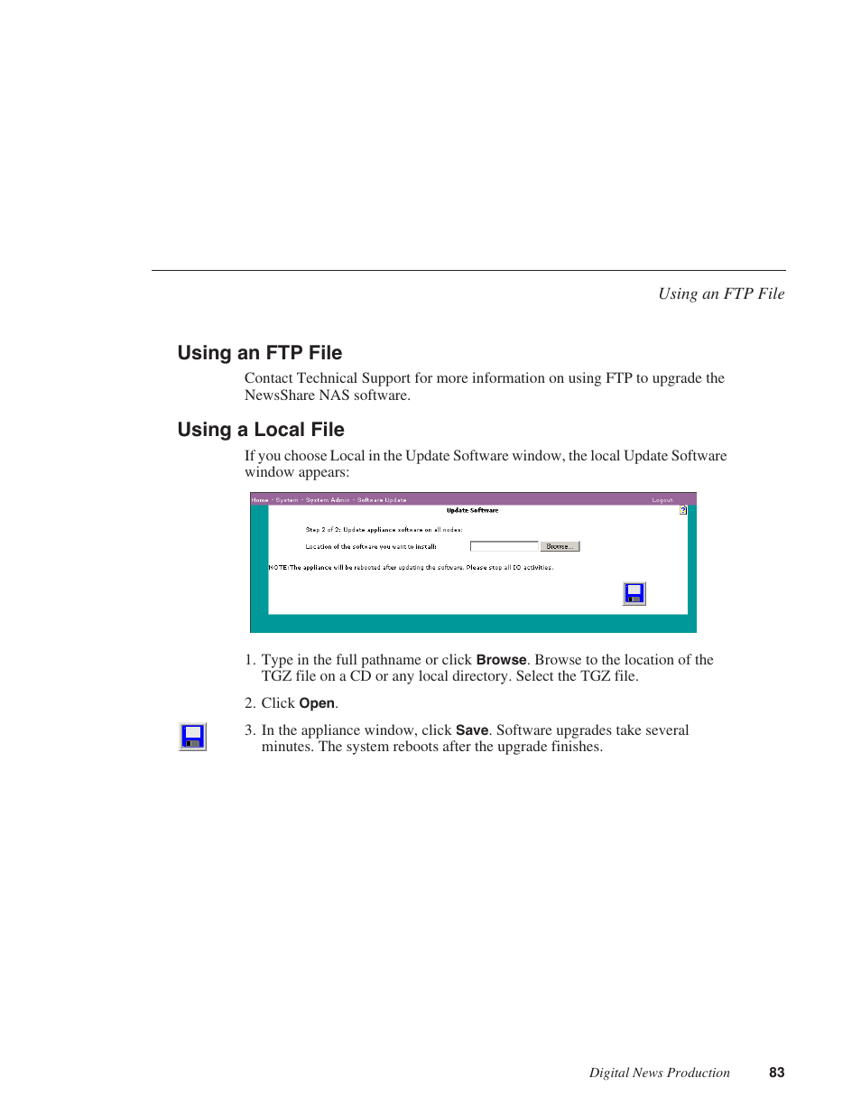 Using an ftp file, Using a local file, Using an ftp file using a local file | Grass Valley Network Attached Storage System Serial ATA Network User Guide v.1.0.06 User Manual | Page 84 / 123