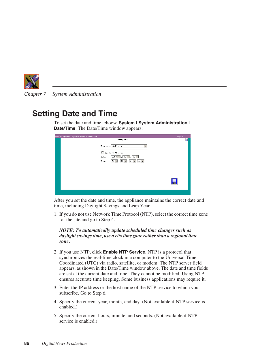 Setting date and time | Grass Valley Network Attached Storage System Serial ATA Network User Guide v.1.0.06 User Manual | Page 87 / 123