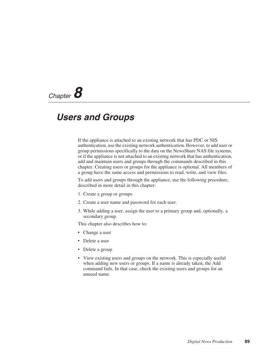 Chapter 8: users and groups, Chapter 8, Users and groups | Grass Valley Network Attached Storage System Serial ATA Network User Guide v.1.0.06 User Manual | Page 90 / 123