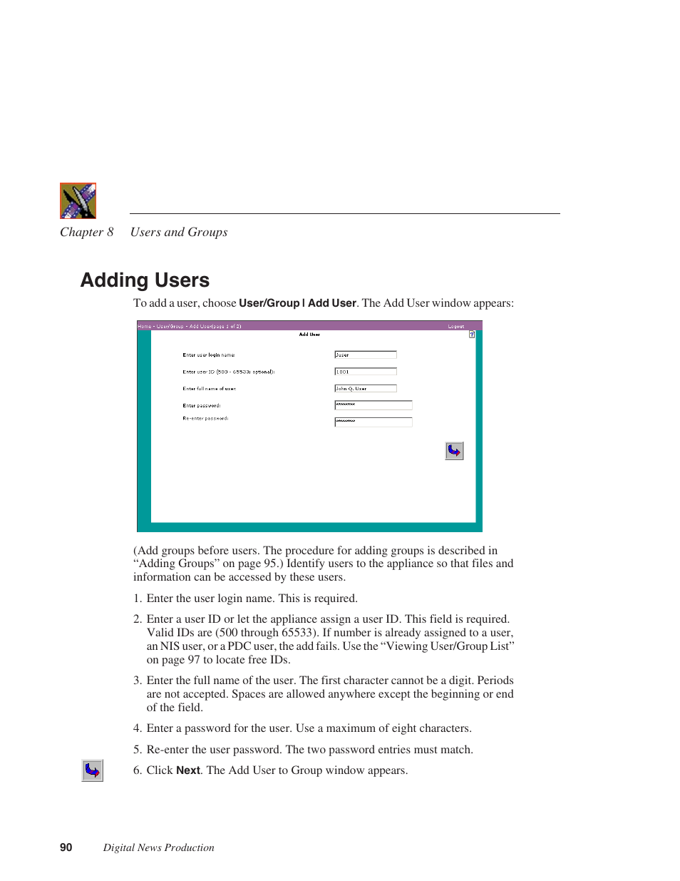Adding users | Grass Valley Network Attached Storage System Serial ATA Network User Guide v.1.0.06 User Manual | Page 91 / 123
