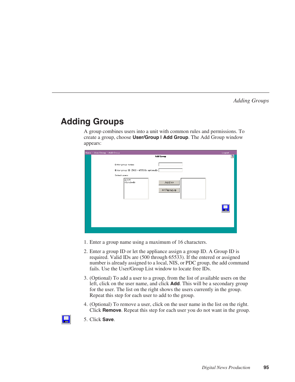 Adding groups | Grass Valley Network Attached Storage System Serial ATA Network User Guide v.1.0.06 User Manual | Page 96 / 123