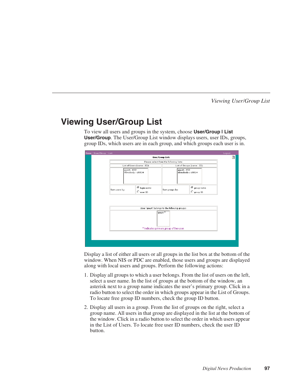 Viewing user/group list | Grass Valley Network Attached Storage System Serial ATA Network User Guide v.1.0.06 User Manual | Page 98 / 123