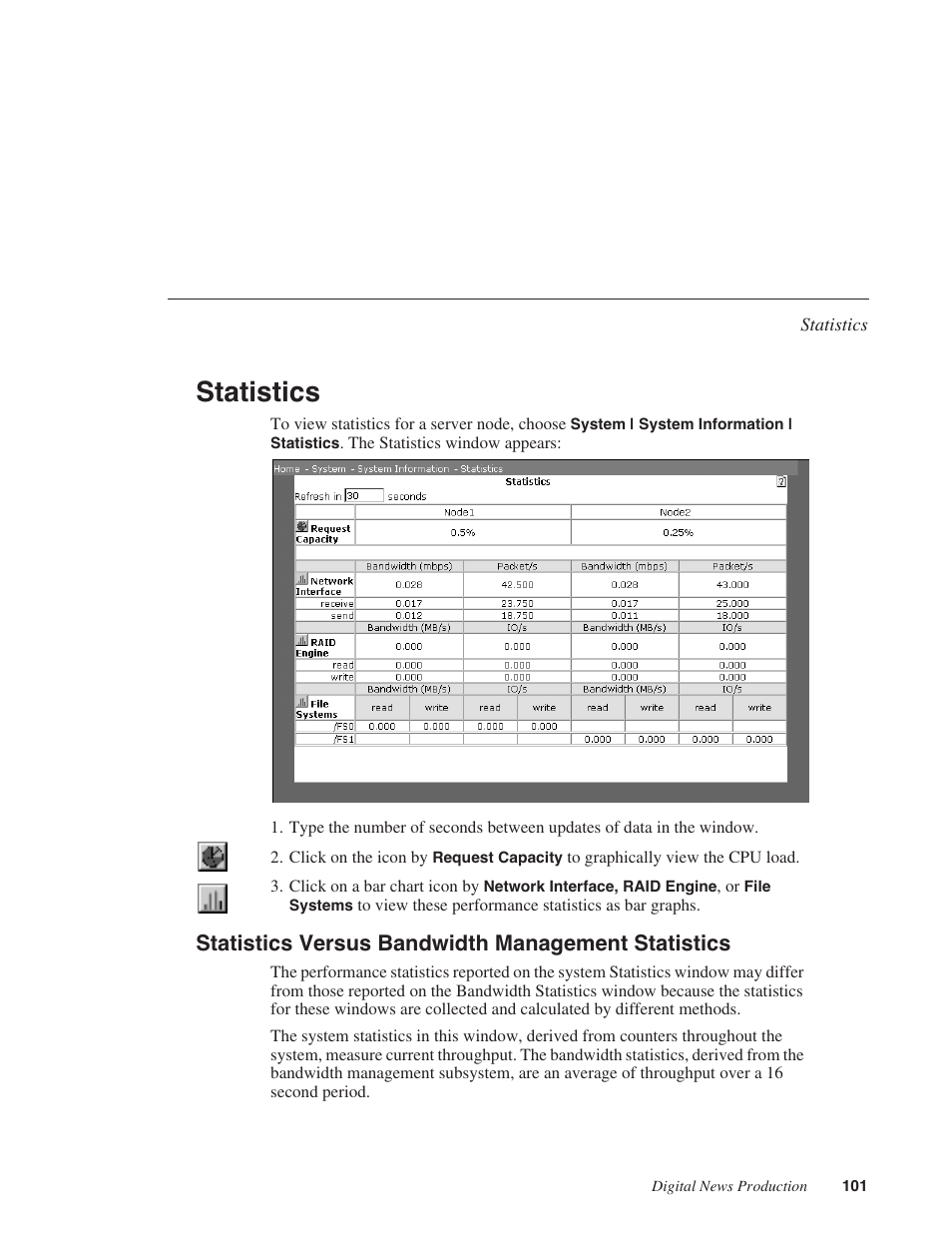 Statistics, Statistics versus bandwidth management statistics | Grass Valley Network Attached Storage System Serial ATA Network User Guide v.1.0.04 User Manual | Page 102 / 195