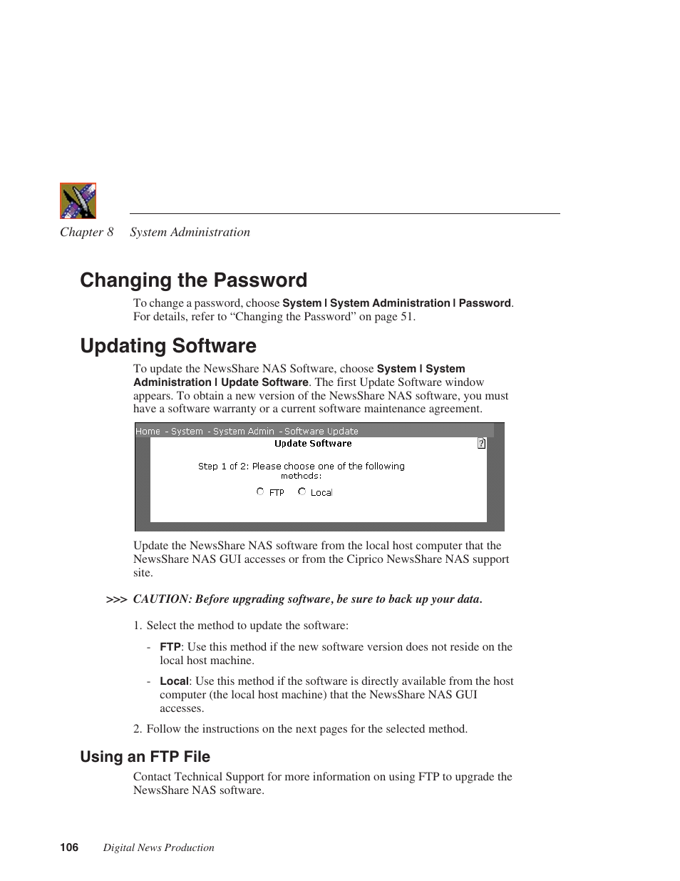 Changing the password, Updating software, Using an ftp file | Changing the password updating software | Grass Valley Network Attached Storage System Serial ATA Network User Guide v.1.0.04 User Manual | Page 107 / 195