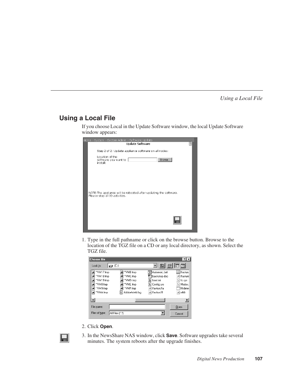 Using a local file | Grass Valley Network Attached Storage System Serial ATA Network User Guide v.1.0.04 User Manual | Page 108 / 195