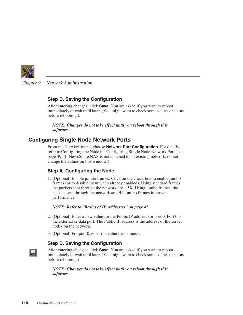 Step d. saving the configuration, Configuring single node network ports, Step a. configuring the node | Step b. saving the configuration, Single node network ports | Grass Valley Network Attached Storage System Serial ATA Network User Guide v.1.0.04 User Manual | Page 119 / 195