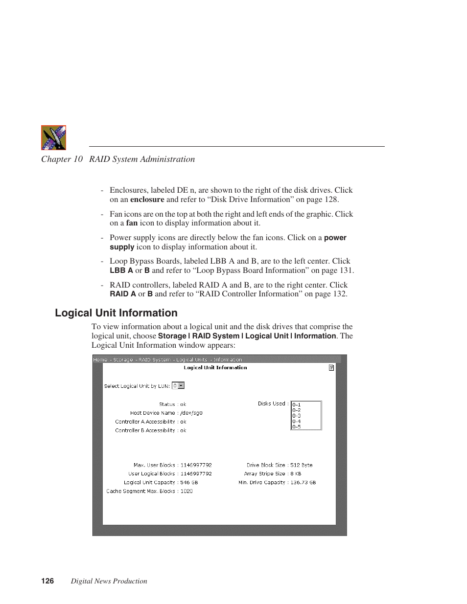 Logical unit information, And refer to “logical unit | Grass Valley Network Attached Storage System Serial ATA Network User Guide v.1.0.04 User Manual | Page 127 / 195