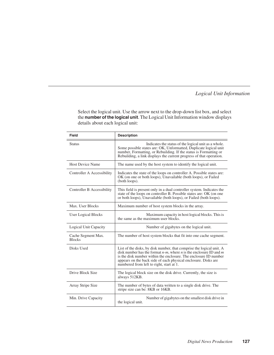 Logical unit information | Grass Valley Network Attached Storage System Serial ATA Network User Guide v.1.0.04 User Manual | Page 128 / 195