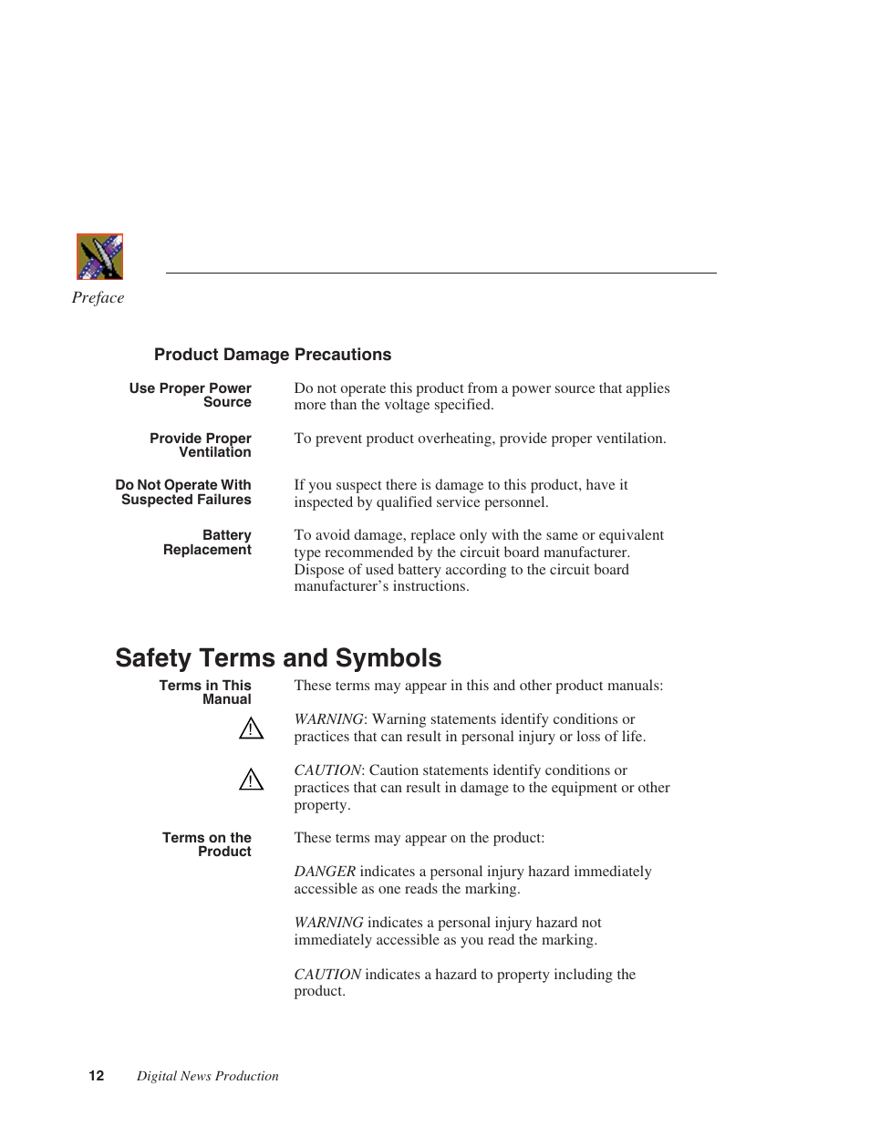 Safety terms and symbols | Grass Valley Network Attached Storage System Serial ATA Network User Guide v.1.0.04 User Manual | Page 13 / 195