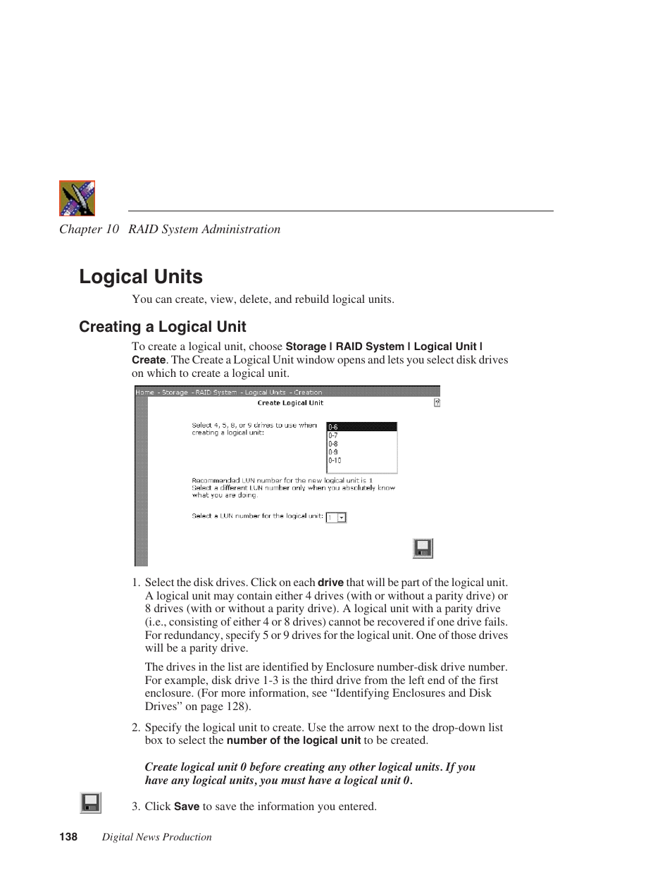 Logical units, Creating a logical unit | Grass Valley Network Attached Storage System Serial ATA Network User Guide v.1.0.04 User Manual | Page 139 / 195